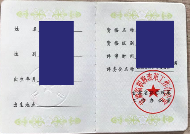甘肃省人事厅初级中级专业技术职称证书