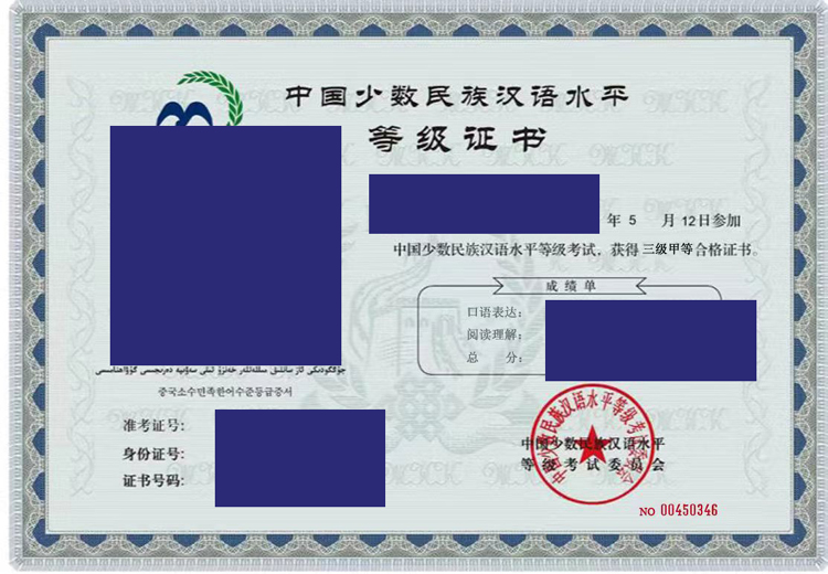 中国少数民族汉语水平等级证书样本图