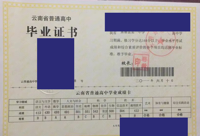 云南省永善县第一中学高中毕业证样本（模板）