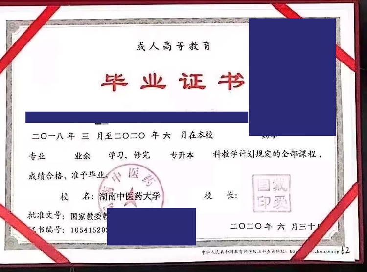 湖南中医药大学成人教育2020年毕业证样本图（模板）