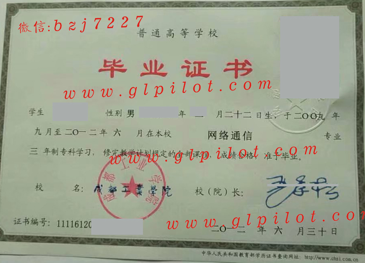 成都工业学院2012年毕业证样本图片（模板）2023-10-21