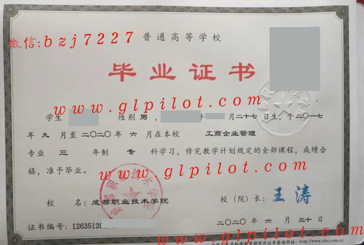 成都职业技术学院2020年毕业证样本图片（模板） 2023-10-22