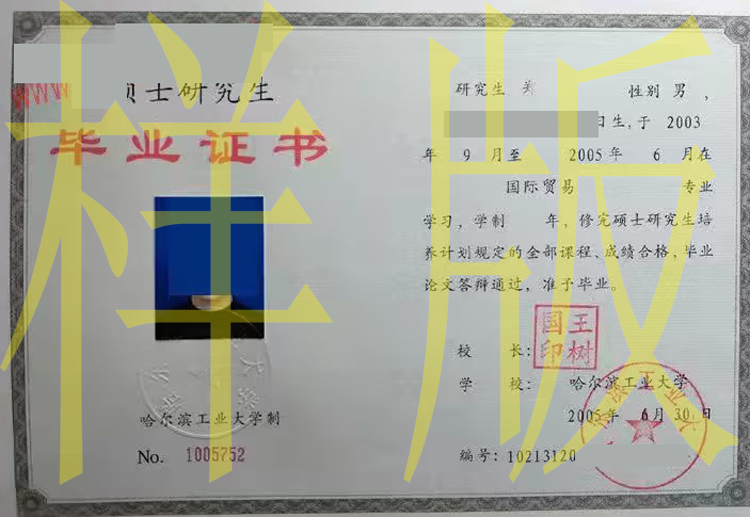 哈尔滨工业大学2005年硕士毕业证样板图片（补办）2023-11-08